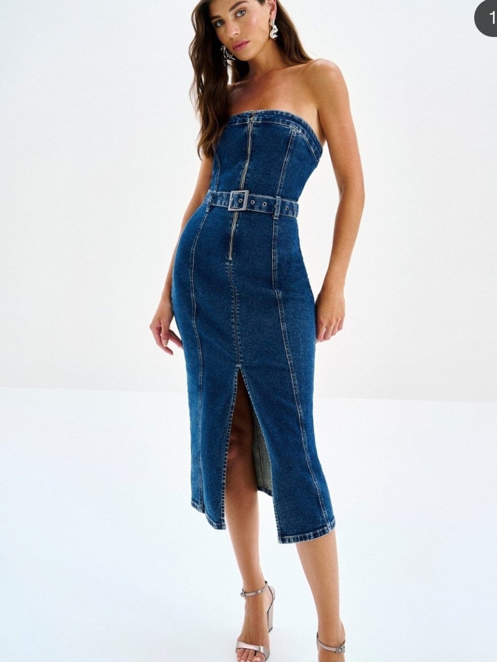 Strapless Denim Midi Dress with Belt - Blue